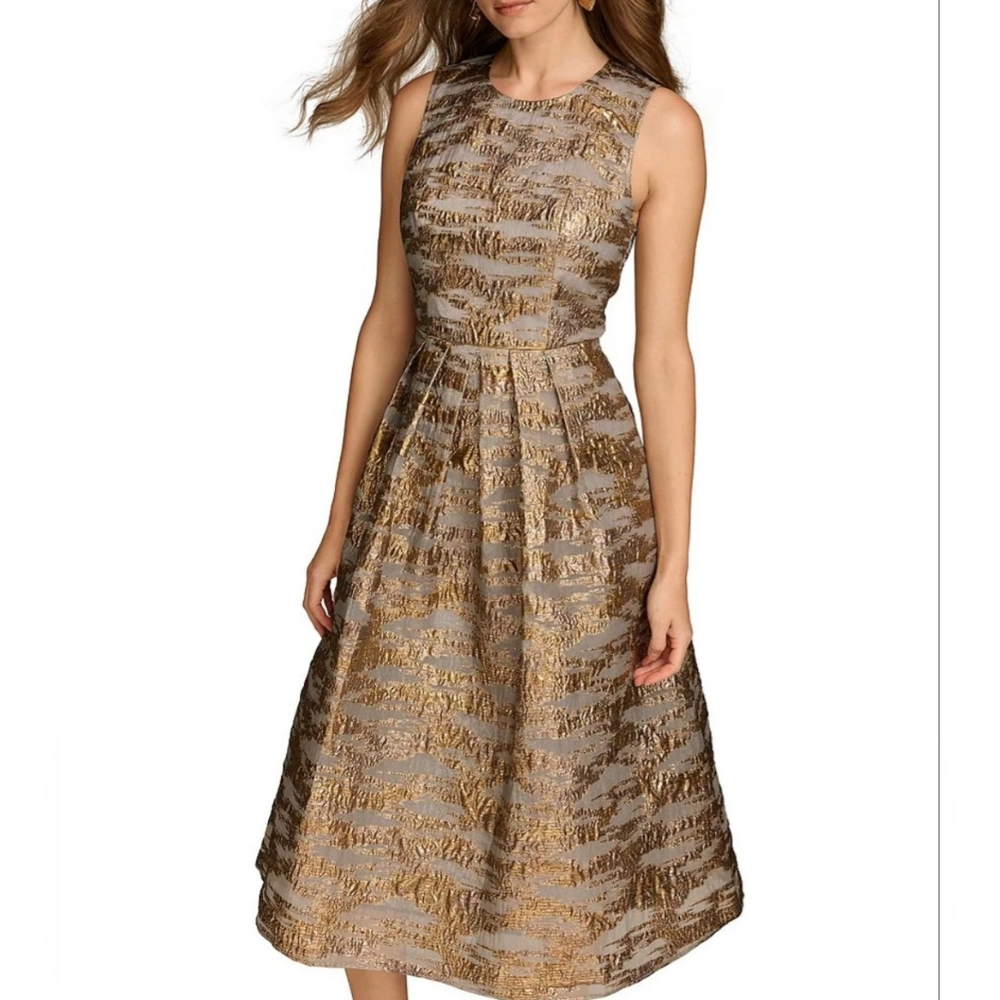 Donna Karan Brocade Crew Neck Sleeveless Metallic A-Line Midi Dress